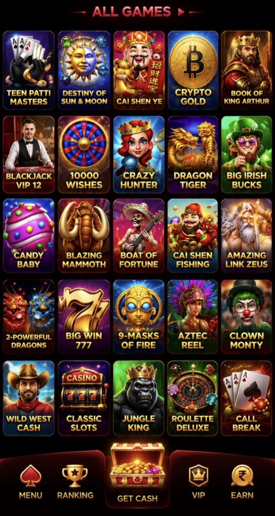 EK1 APK mobile casino style game collection featuring slots, crash, fishing, and reward events.